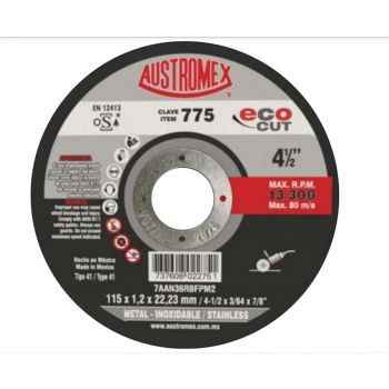 Disco abrasivo para corte de acero al carbón, inoxidable y metales 775 4 1/2" Austromex