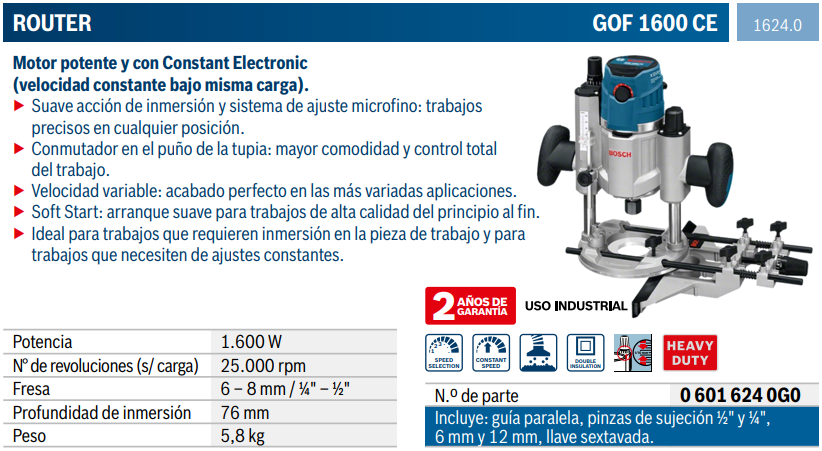 Router 1600W 25,000 rpm Heavy Duty GOF 1600 CE 1624.0 Bosch México