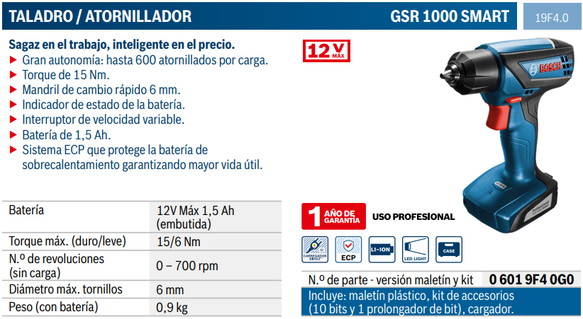 06019F40G2 Taladro Atornillador Inalámbrico Bosch GSR 1000 Smart 12V  maletín – Bosch Store Online