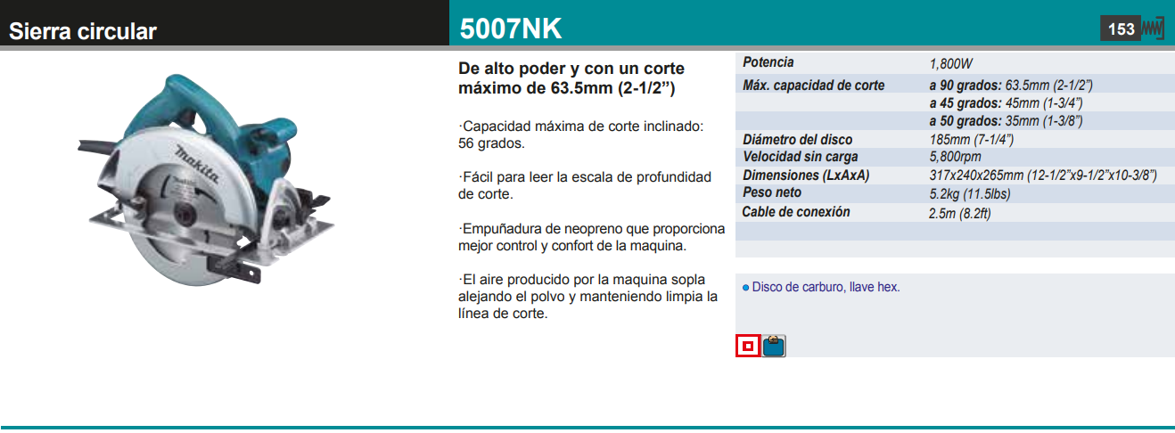 Sierra circular MAKITA 5007NK 7 1/4″ 1800W 60mm 5kg – Edipesa – Tienda en  Línea