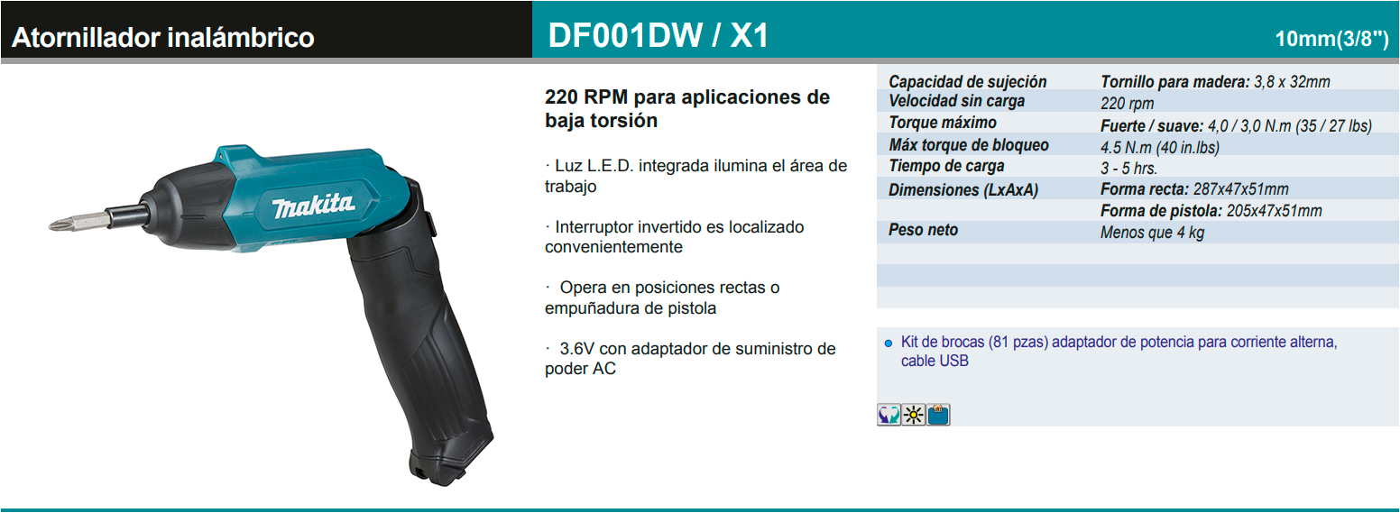 Atornillador Inalámbrico Makita DF001DW + Kit 81 Accesorios