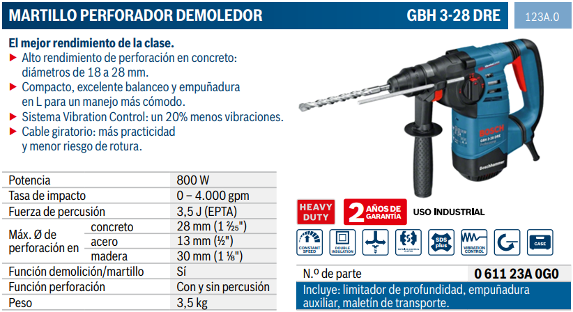 Casa Marcus Martillo Demoledor 800W 3.5 Heavy Duty GBH DRE 1123A.0 Bosch México