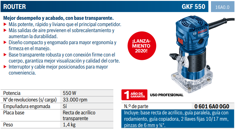 Casa Marcus Router 550W 33,000 rpm GKF 550 16A0.0 Bosch México